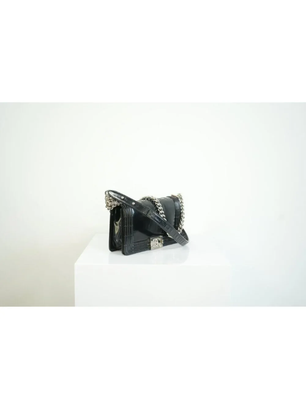 Chanel Black Patent Leather Boy Bag Silver Hardware